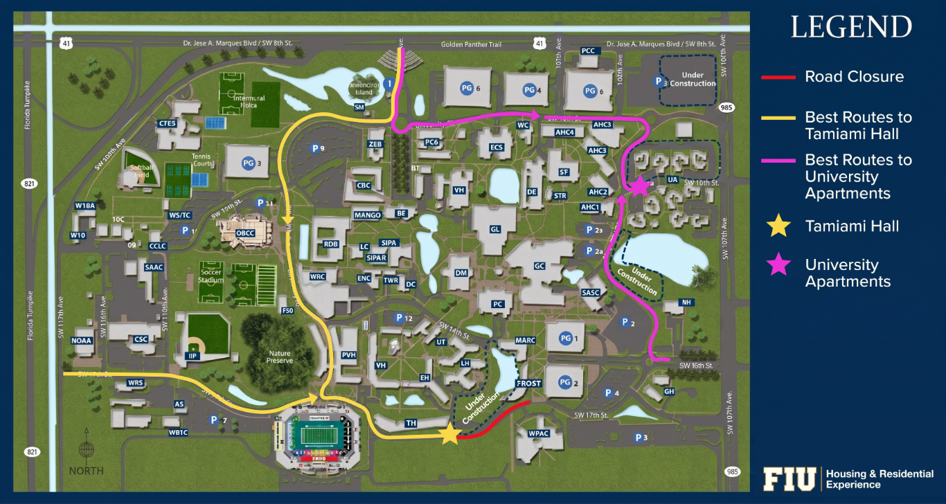 Move in Map for May 9th Best routes for Tamiami Hall and University Apartments avoid road closures near frost museum and east of Tamiami Hall